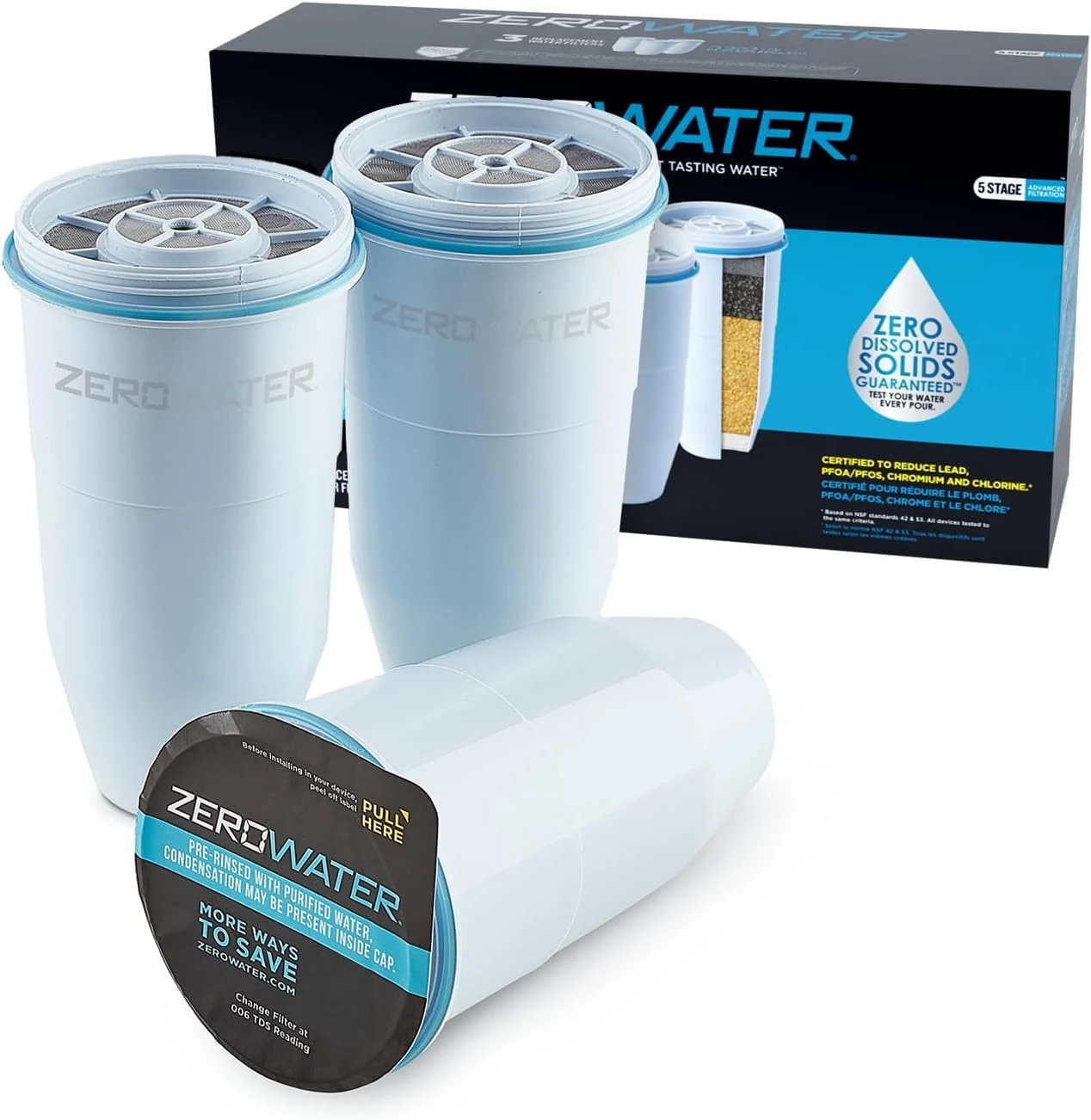 Culligan Zerowater 5-Stage Water Filter Replacement, IAPMO Certified to Reduce PFOA/PFOS, Fluoride, Lead, Chromium and Other Heavy Metals- 0 TDS, BPA Free, 3-Pack