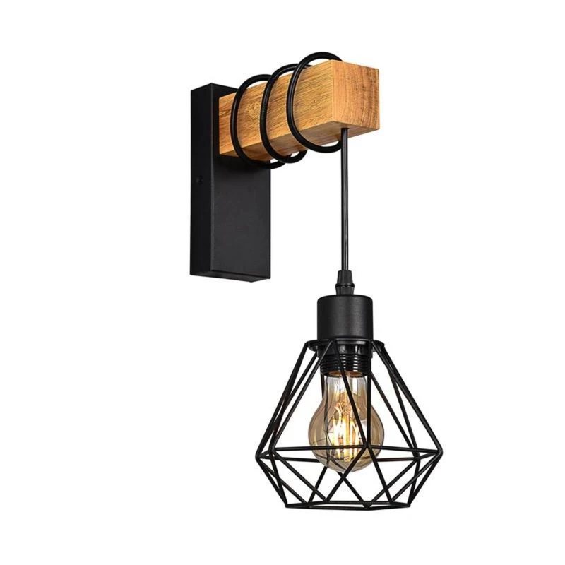 B·LED BARCELONA LED Vintage wall lamp, retro steel and wood lamp, E27 LM135-N_FBM socket, Black [bulb is not included]