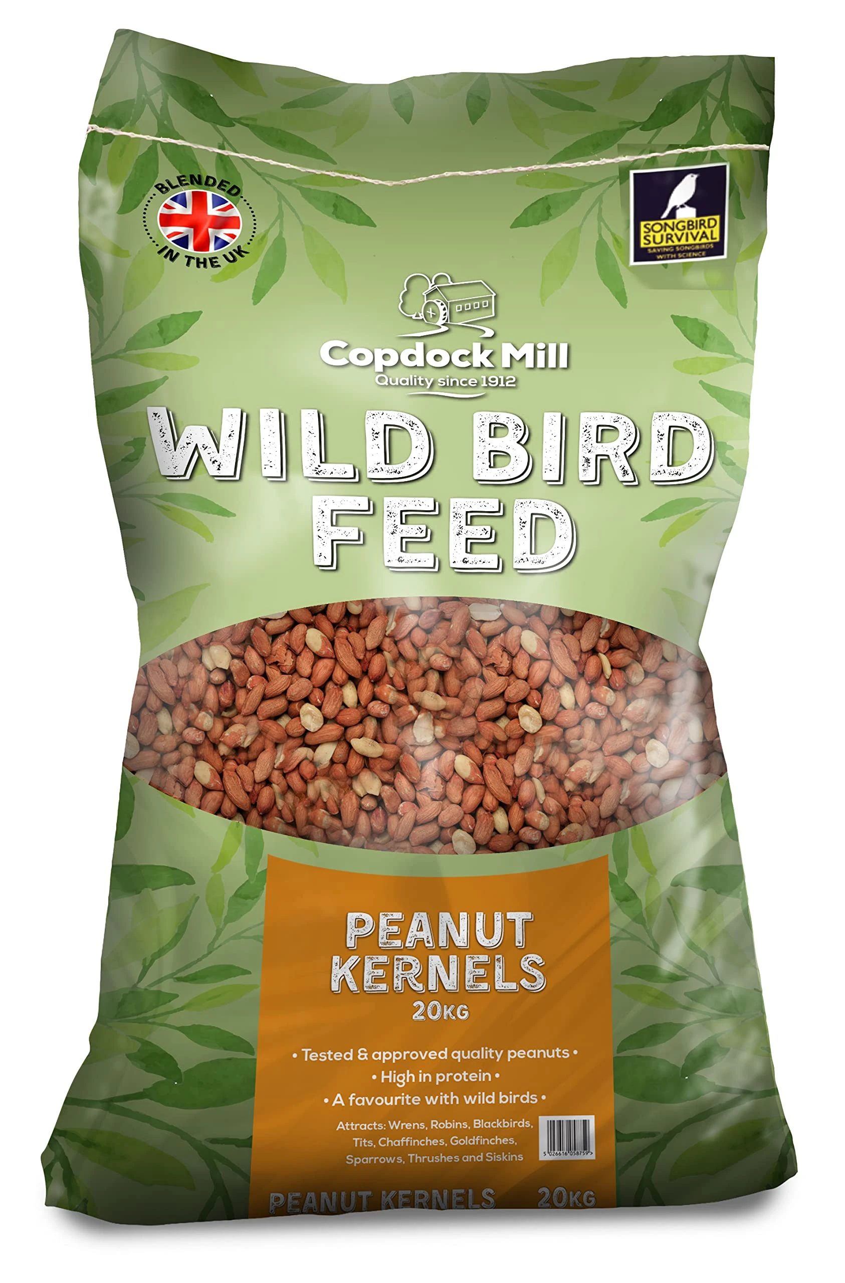 Copdock Mill Peanuts for Wild Birds - Peanut Kernels Bird Feed 20kg - High In Energy, Protein Rich Wild Bird Peanuts - Bird Seeds for Small Garden Birds