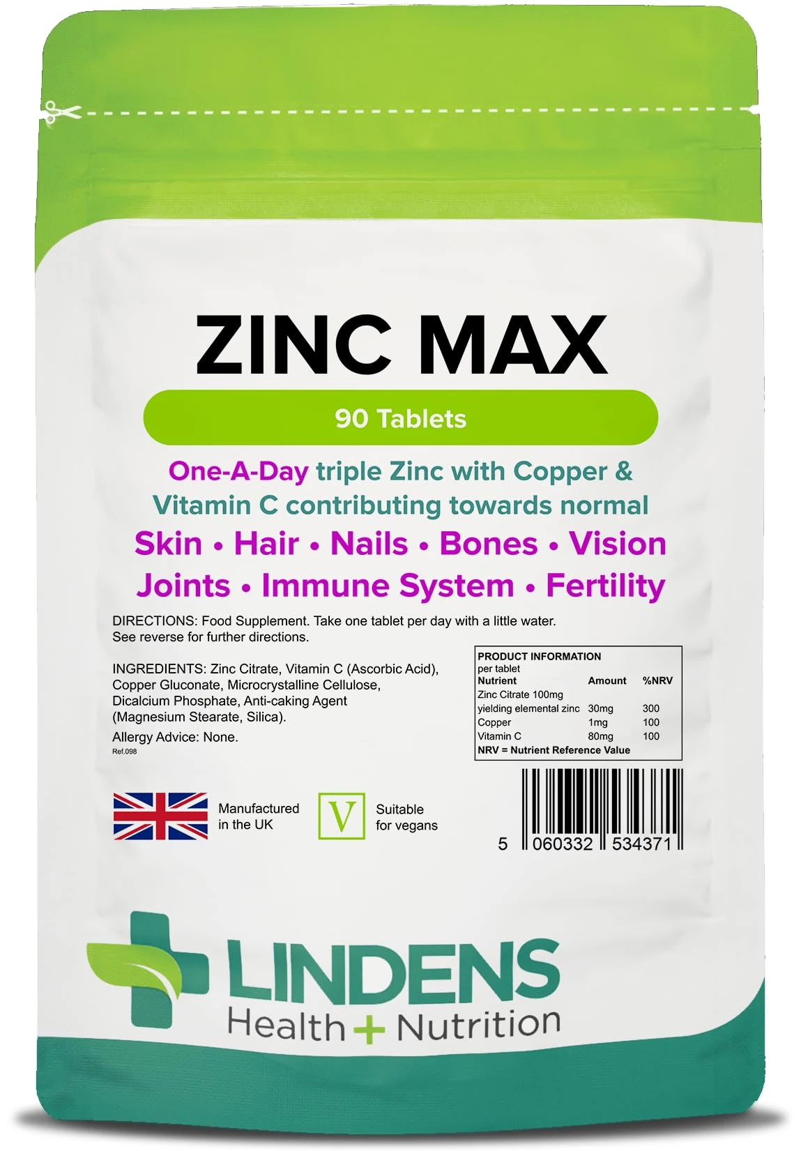 Lindens Zinc Max Tablets - 90 Pack - Provides 300% Nrv Dose, Fortified with Vitamin C & Copper to Contribute Towards Healthy Hair, Skin, Nails, Vision & Hormone Balance - UK Made, Letterbox Friendly