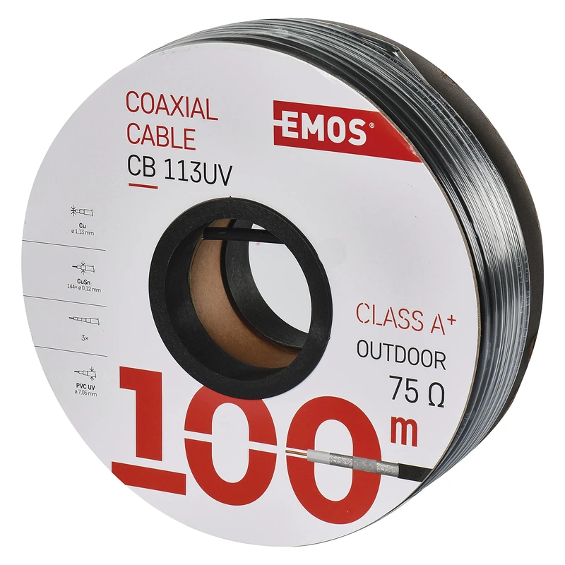 EMOS S5265 CB113UV 100m Class A+ Outdoor Black TV Cable, Triple Shielded Coaxial Cable, Shielding 97dB, Resistance 75 Ohm