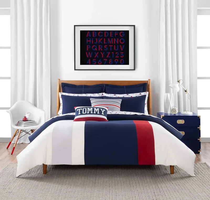 Tommy Hilfiger Clash of '85 Stripe Bedding Collection Duvet Cover Set, Twin, Ivory/Navy/Red - Image 1