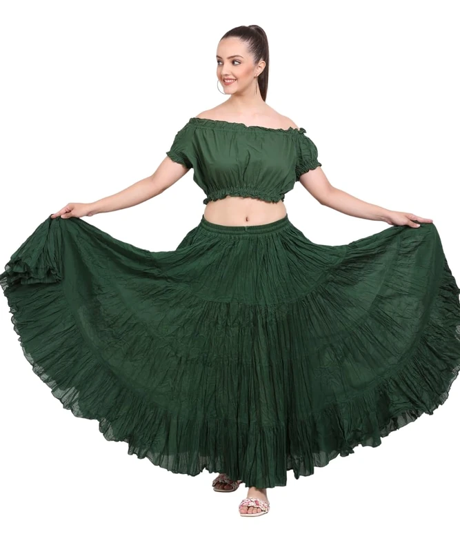 Wevez Women's Gypsy 25 Yard Solid Color Cotton Skirt Free Size Green
