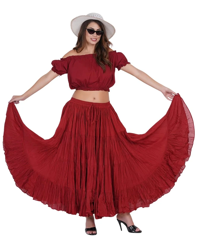 Wevez Women's Gypsy 25 Yard Solid Color Cotton Skirt Free Size Maroon