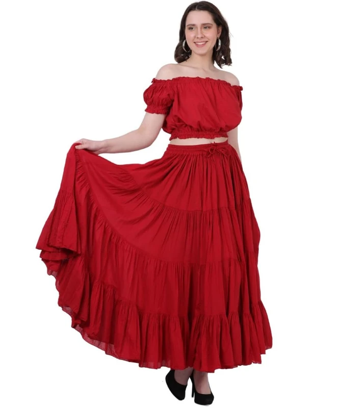 Wevez Women's Gypsy 25 Yard Solid Color Cotton Skirt Free Size Red