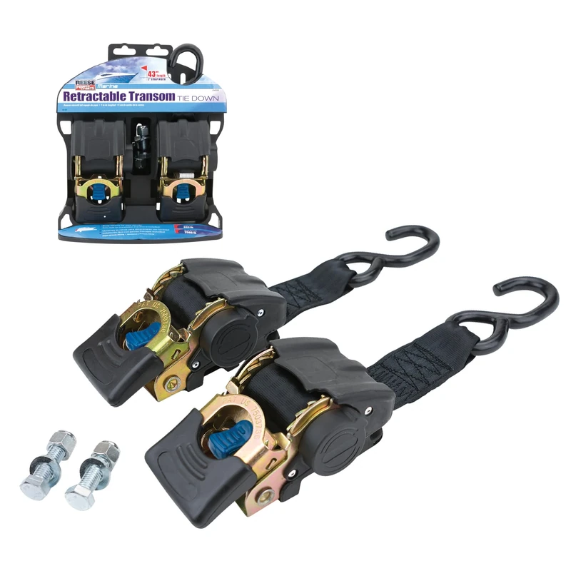 Reese Powersports 2060300 Retractable Transom Tie Down, 2 Inch x 43 Inch, 833 lbs. working load limit and 2,500 lbs. break strength, 2 pack.