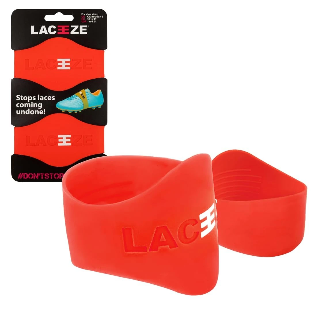 LACEEZE Original Bands – As Seen on Dragons' Den – Ribbed Technology – Secure Laces, Prevents Unraveling, Fits Shoe Size C13 – UK 6.5, Red, Ideal for Sports Shoes, Football, Rugby