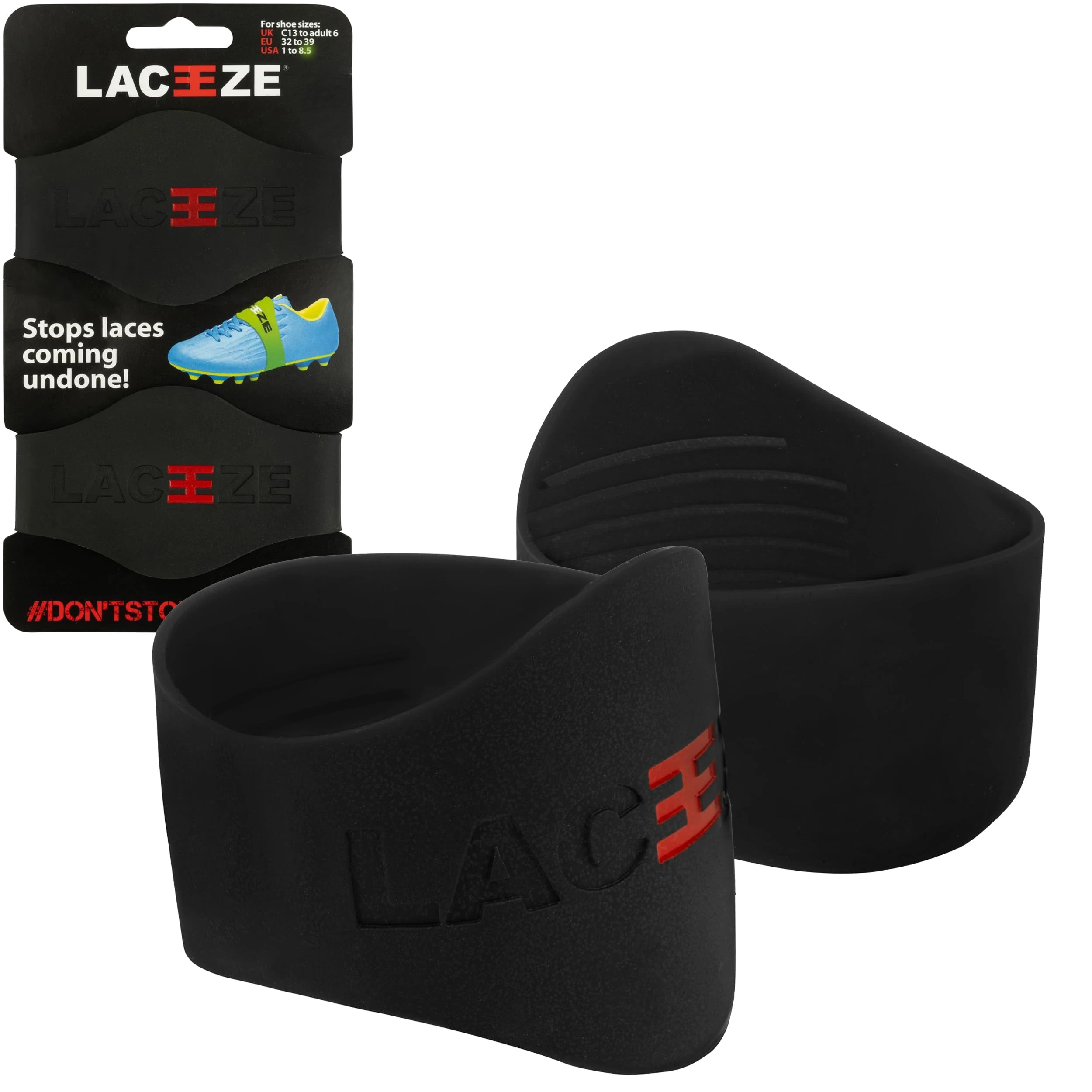 LACEEZE Original Bands – As Seen on Dragons' Den – Ribbed Technology – Secure Laces, Prevents Unraveling, Fits Shoe Size UK C13 – UK 6.5, Black, Ideal for Sports Shoes, Football, Rugby