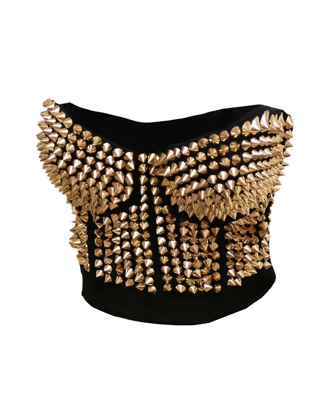 Bslingerie Madonna Style Metallic Studs Bustier Bra Corset Top, Gold, Large