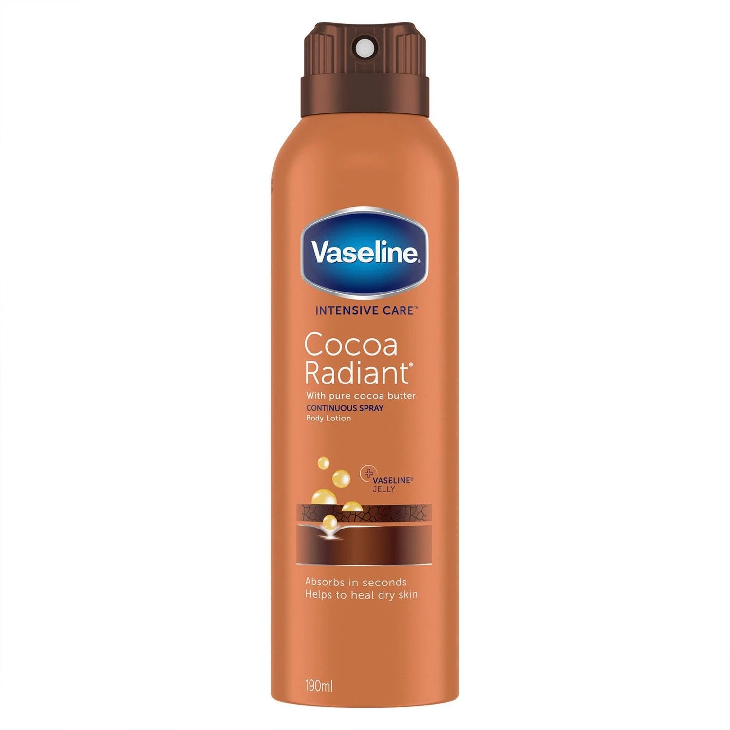 Vaseline Intensive Care Cocoa Radiant with Vaseline Jelly Spray Moisturiser for Very Dry Skin 190 ml (3 Pack)