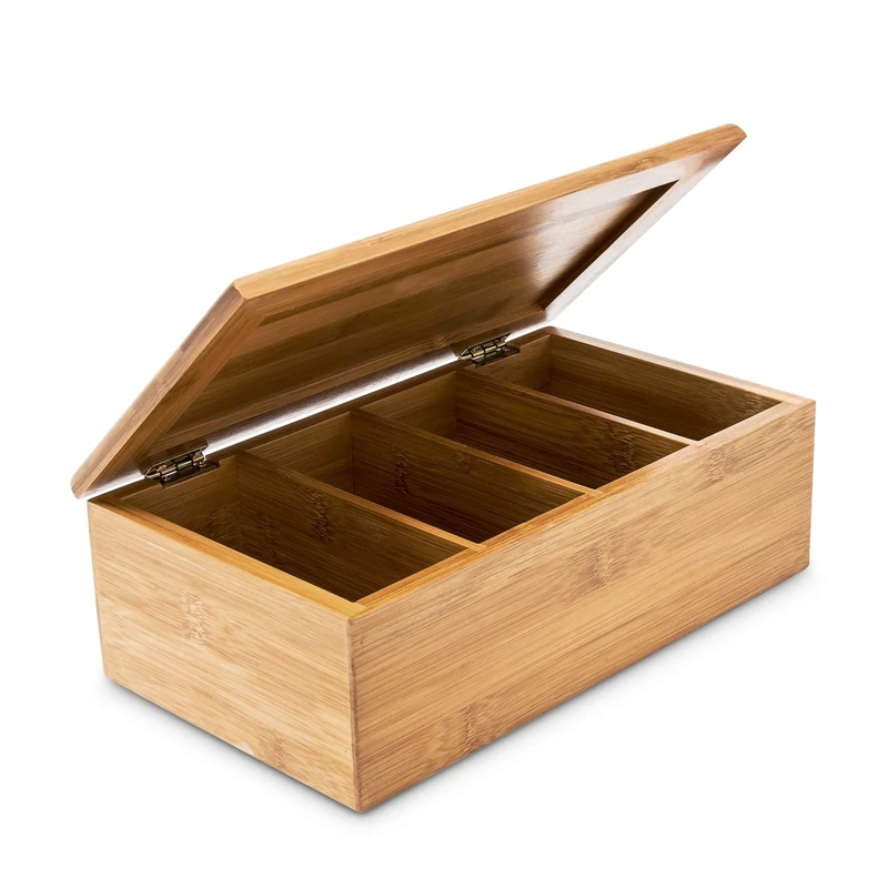 Relaxdays Bamboo Tea Box, Size: 9 x 28.5 x 16 cm, Tea Chest With 4 Compartments & Lid For 80 Tea Bags, Wooden Jewellery Box, Natural Brown