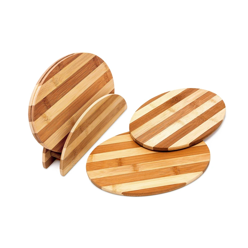 Relaxdays Set of 4 Oval Bamboo Chopping Boards with Stand, HxWxD: 0.5 x 25 x 18 cm, Striped, Easy to Clean, Brown