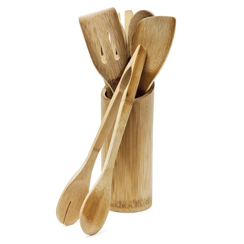 Relaxdays 7 Piece Bamboo Kitchen Utensils Set, Pieces about 30 cm Long, Includes Spatula, Spoon, Fork, Salad Tongs, Holder, Natural Brown