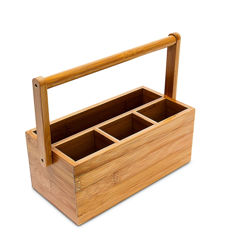 Relaxdays Bamboo Table or Desk Organiser, HxWxD: 20 x 25 x 11.5 cm, with 4 Compartments, Pen or Pencil Holder, with Handle, Natural Brown