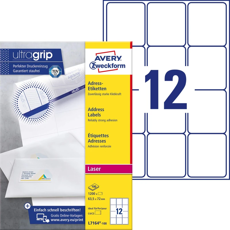 Avery Purpose Form L7164-100 Address-Labels, 63.5 x 72 mm, 100 Sheet/1.200 Labels, White