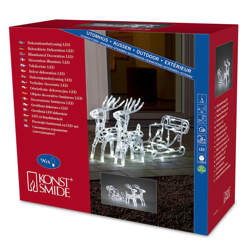 Konstsmide Christmas Outdoor Decorations/Figures Set Santas Sleigh with Two Reindeers/Outdoor Lighting IP44 LED Acrylic Figure with 96 Ice White Diodes / 12 Twinkling Diodes/Transparent Cable