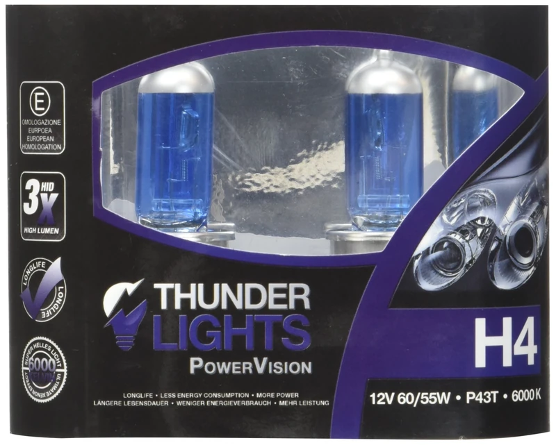 Halogen Lamp H4 6000 K - 5 Year Warranty-Xenon Headlight Bulb 12V 60 / 55 W P43T White Light 100% more light on the Road-Sporty Xenonlook