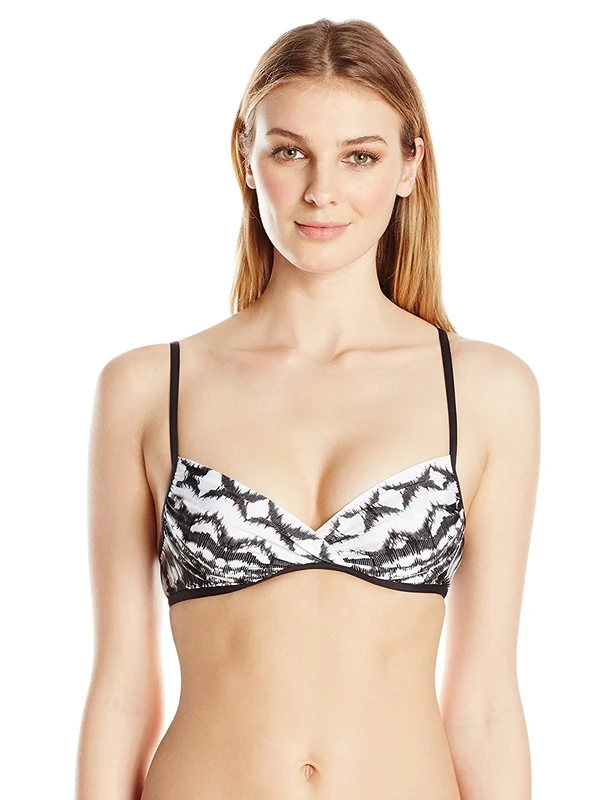 Badgley Mischka Women's Shirred Underwire Bra Bikini Top, Black Multi, 12