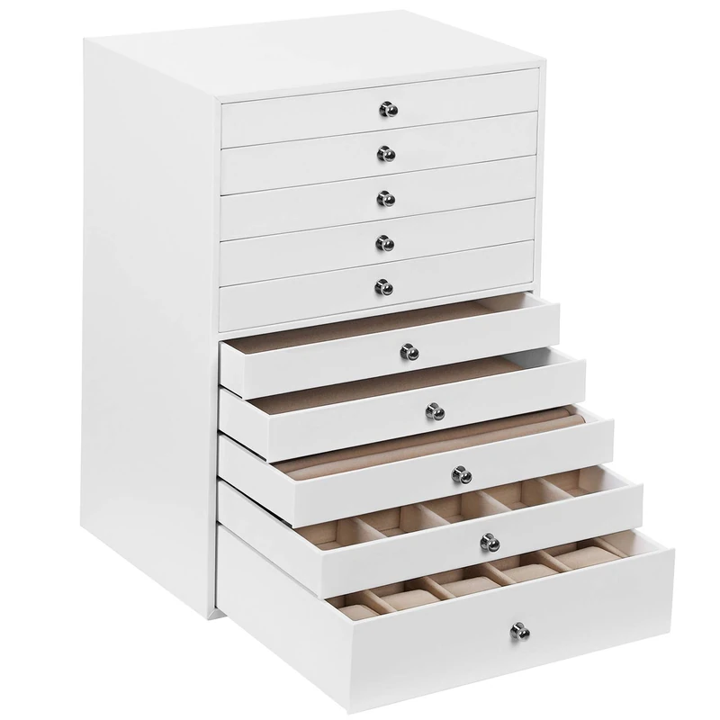 SONGMICS Extra Large Jewellery Box, 10-Layer Storage Case, Faux Leather Organiser, with Drawer, White, JBC10W, 40*39*20.5cm, 5.08kg