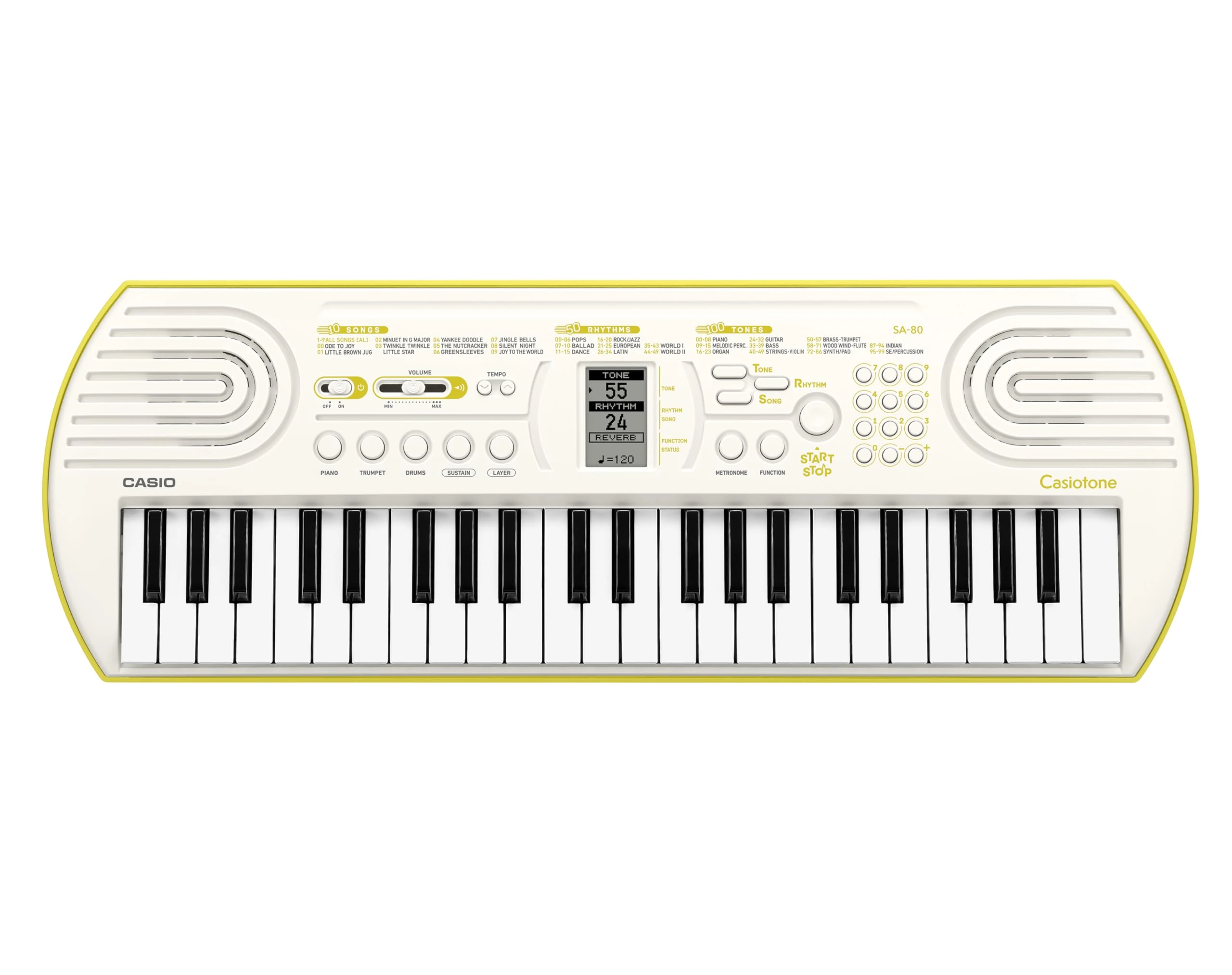 Casio SA-80H5 Mini-Keys 44 key keyboard in White with lime green base and Rhythm Warriors animated online lessons