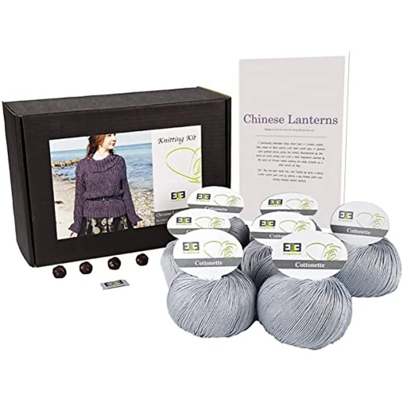 DesignEtte Jumper Chinese Lanterns Knitting Kit 100 Percent Egyptian Cotton Wool Yarn Bowls and Pattern Pack Box 100g≈205m/5ply, Light Grey 790, Extra-Small