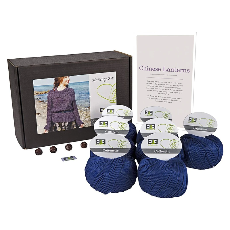 DesignEtte Jumper Chinese Lanterns Knitting Kit 100 Percent Egyptian Cotton Wool Yarn Bowls and Pattern Starter Pack Box 100g≈205m/5ply, Deep Blue, XS-S - Image 1
