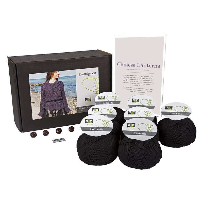 DesignEtte Jumper Chinese Lanterns Knitting Kit 100 Percent Egyptian Cotton Wool Yarn Bowls and Pattern Starter Pack Box 100g≈205m/5ply Black - Image 1