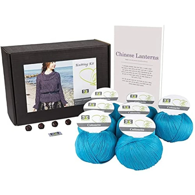 DesignEtte Jumper Chinese Lanterns Knitting Kit 100 Percent Egyptian Cotton Wool Yarn Bowls and Pattern Starter Pack Box 100g≈205m/5ply Tuquoise