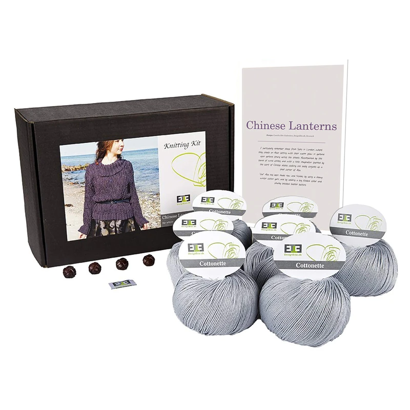 DesignEtte Jumper Chinese Lanterns Knitting Kit 100 Percent Egyptian Cotton Wool Yarn Bowls and Pattern Starter Pack Box 100g≈205m/5ply Grey