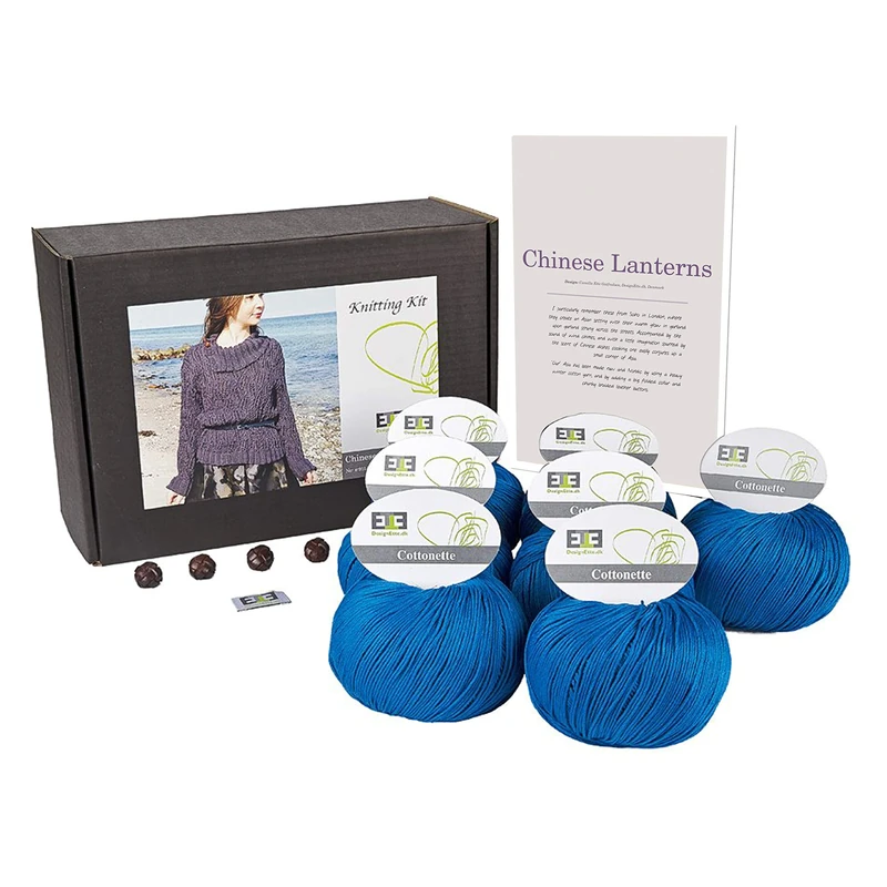 DesignEtte Jumper Chinese Lanterns Knitting Kit 100 Percent Egyptian Cotton Wool Yarn Bowls and Pattern Starter Pack Box 100g≈205m/5ply, Clear Blue, 3XL