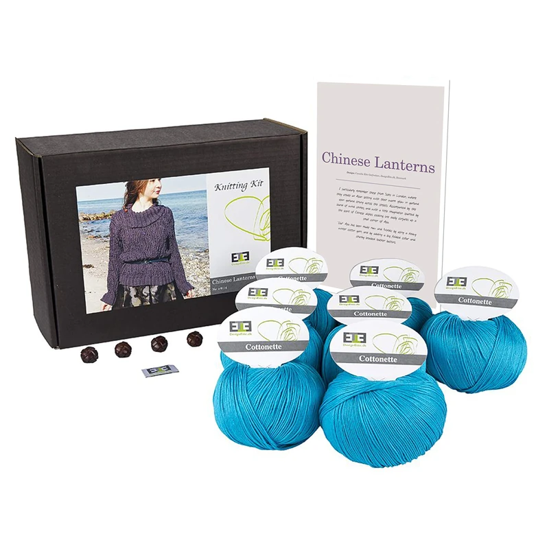 DesignEtte Jumper Chinese Lanterns Knitting Kit 100 Percent Egyptian Cotton Wool Yarn Bowls and Pattern Starter Pack Box 100g≈205m/5ply Turquoise