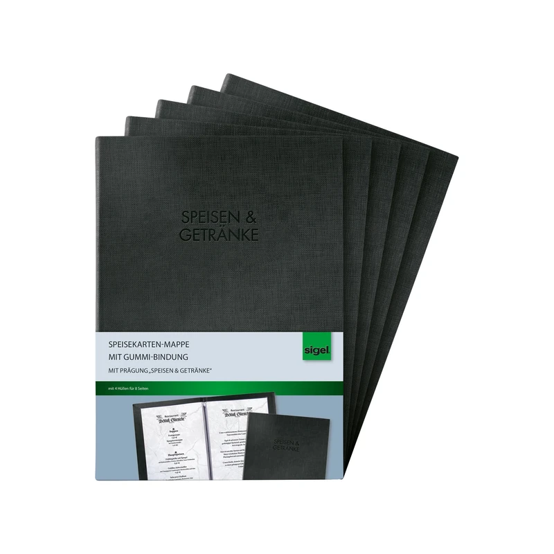 Sigel 5 x Grammalogue Speisekarten-Workbook with Rubber-Bound A5 Envelopes 4 Lettering Black Blind