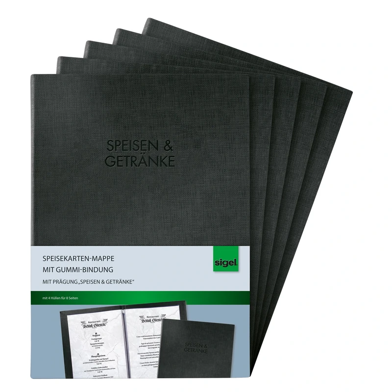 SIGEL SM111/5 Menu Folders with Rubber Binding for A4, Pack of 5, Black with Elegant Linen Texture, Durable and Easy Wipe Clean