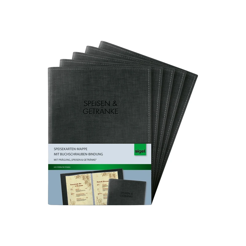 SIGEL SM136/5 Menu Folders with Book Screw Binding for A5 Pack of 5 Black with Elegant Linen Texture Durable and Easy Wipe Clean