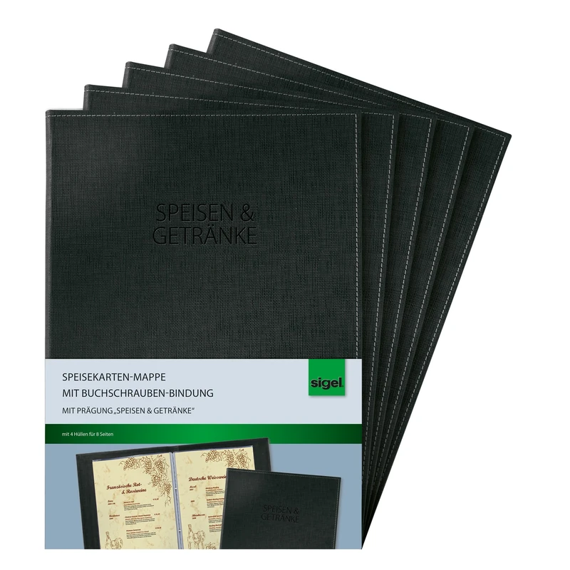 SIGEL SM131/5 Menu Folders with Book Screw Binding for A4 Pack of 5 Black with Elegant Linen Texture Durable and Easy Wipe Clean