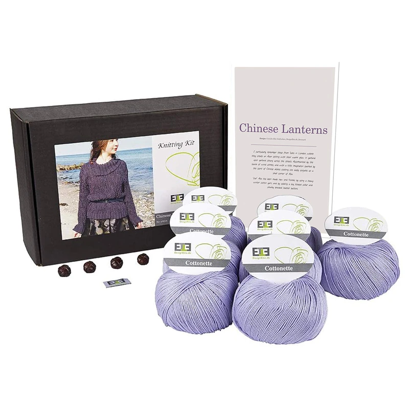 DesignEtte Jumper Chinese Lanterns Knitting Kit 100 Percent Egyptian Cotton Wool Yarn Bowls and Pattern Starter Pack Box 100g≈205m/5ply Light Purple