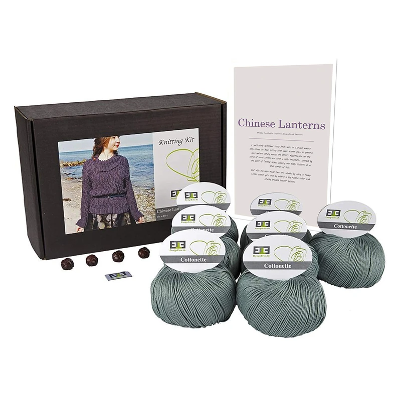 DesignEtte Jumper Chinese Lanterns Knitting Kit 100 Percent Egyptian Cotton Wool Yarn Bowls and Pattern Pack Box 100g≈205m/5ply - Image 1