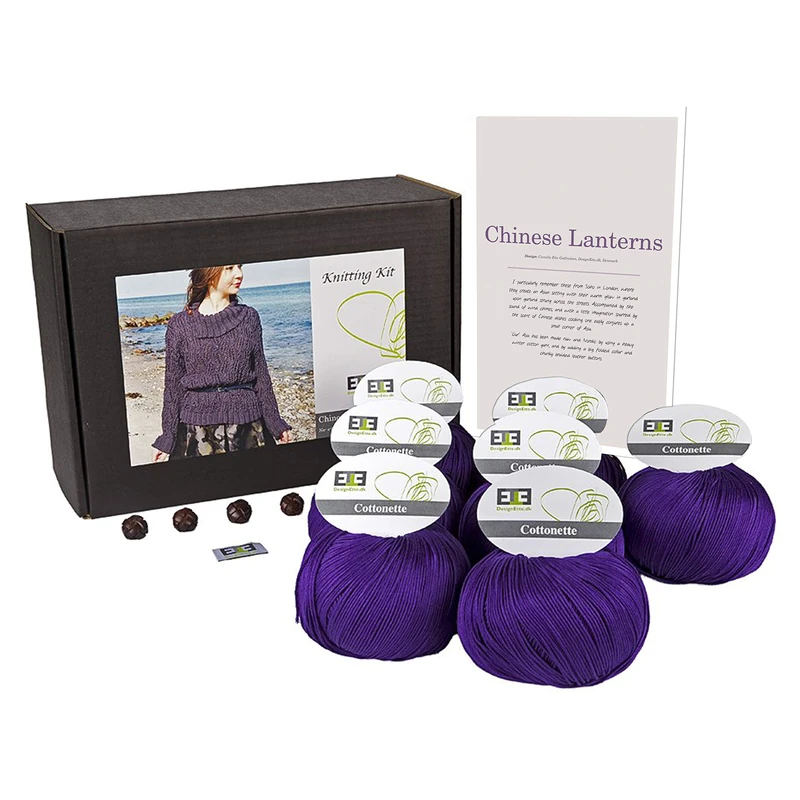 DesignEtte Jumper Chinese Lanterns Knitting Kit 100 Percent Mercerized Egyptian Cotton Wool Yarn Bowls and Pattern Pack Box 100g≈205m/5ply Purple