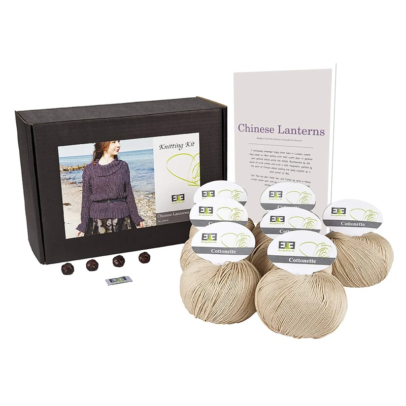 DesignEtte Knitting Kit Chinese Lanterns 100 Percent Mercerized Champagne Egyptian Yarn Cotton Medium-Large No-s-9114, M-L