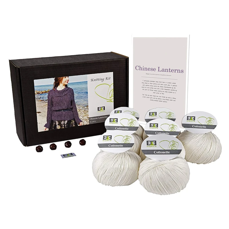 DesignEtte Knitting Kit Chinese Lanterns 100 Percent Mercerized Cream Egyptian Yarn Cotton Medium-Large No-s-9114, M-L