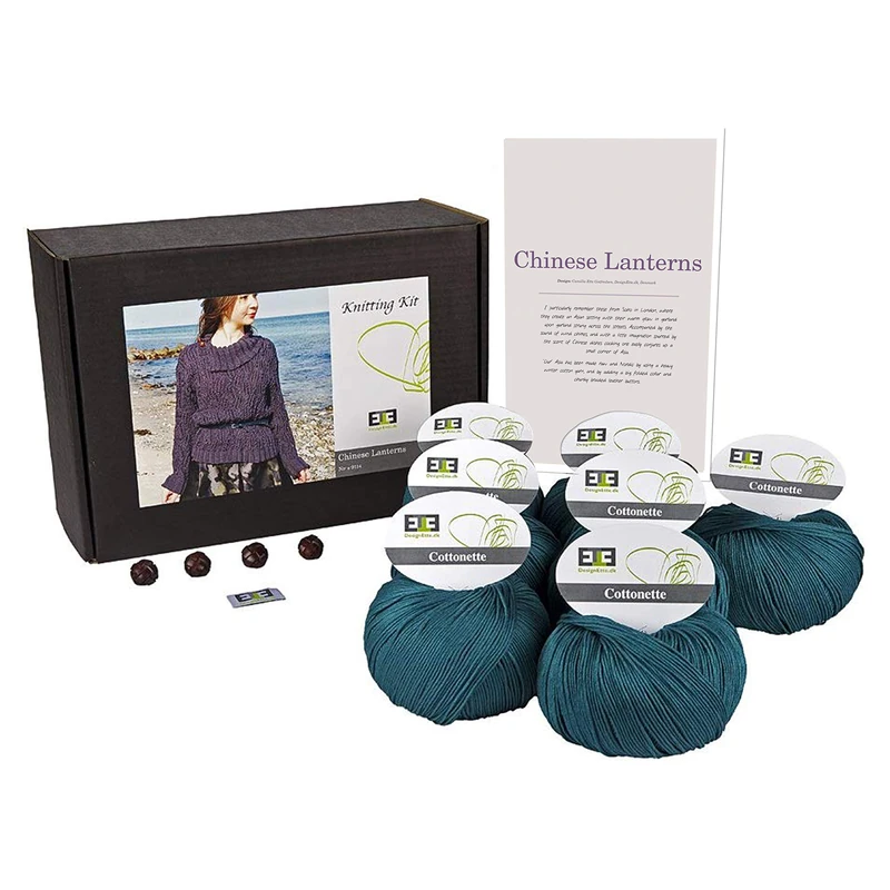DesignEtte Knitting Kit Chinese Lanterns 100 Percent Mercerized Petrol Green Egyptian Yarn Cotton Medium No-s-9114