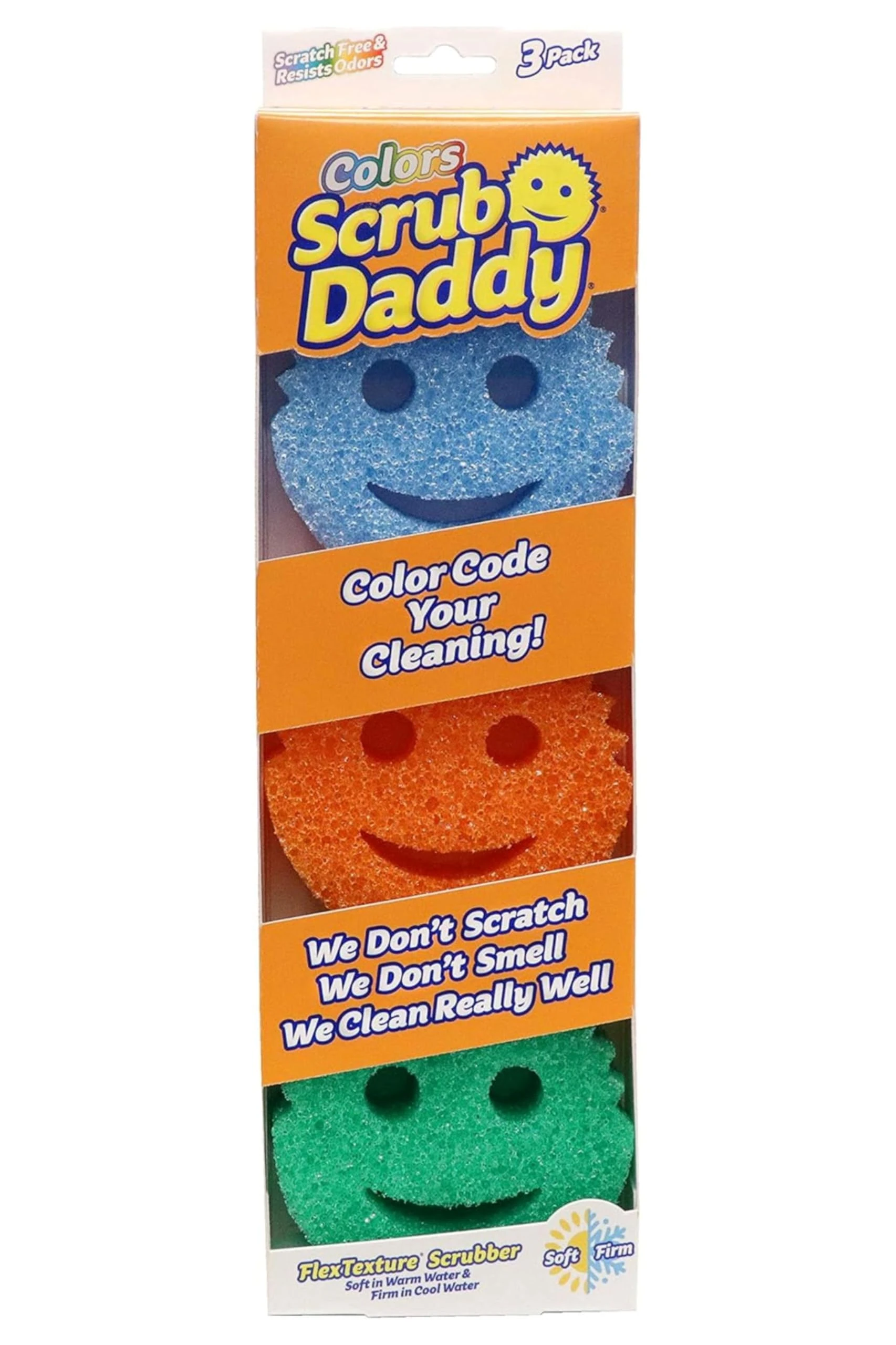 Scrub Daddy Colors Kitchen Sponges, Dish Sponges for Washing Up, Texture Changing Washing Up Sponge, Non Scratch Dish Scrubber, Odour Resistant Bathroom Cleaning Products, Dishwasher Safe, Pack of 3