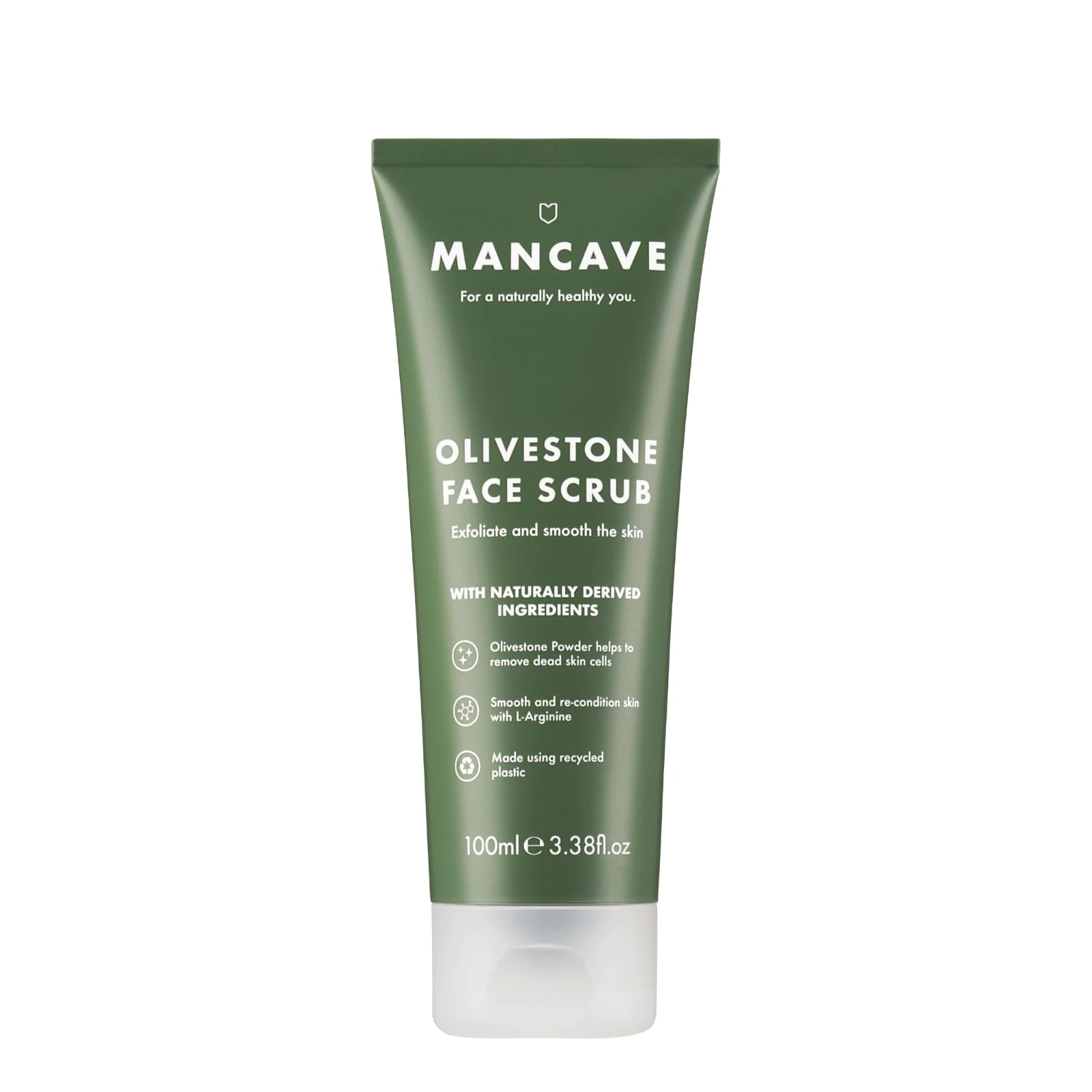 ManCave Olivestone Face Scrub 100ml, Exfoliates & Smoothes, Fight dullness and dead-skin build up, Natural effective smoothing exfoliants using Olive Stone Particles, Vegan, Made in England