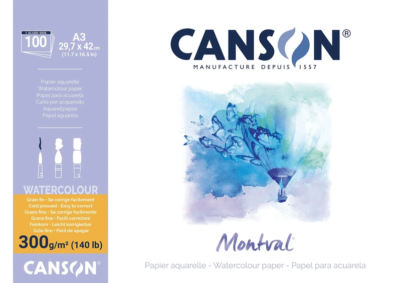 Canson Montval 300gsm watercolour practice paper pad including 100 sheets, size:A3, natural white and Cold Pressed (Not)