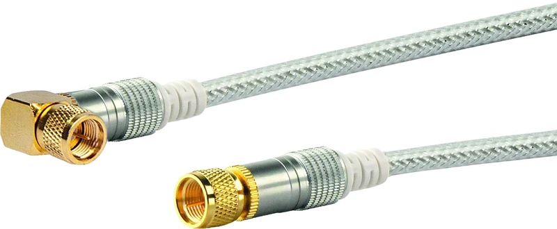 Schwaiger Sat-Winkelanschlusskabel (3 M, 90°F Plug to F Plug, 110dB 4–Fold Gold Rädelmutter transparent