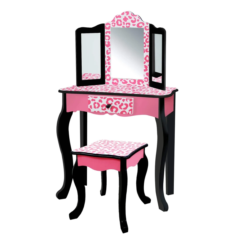 Teamson Kids Leopard Prints Wooden 2-pc. Play Vanity Set with Tri-Fold Mirror, Storage Drawer and Matching Stool to play dress-up, princess or beauty shop, Black/Pink