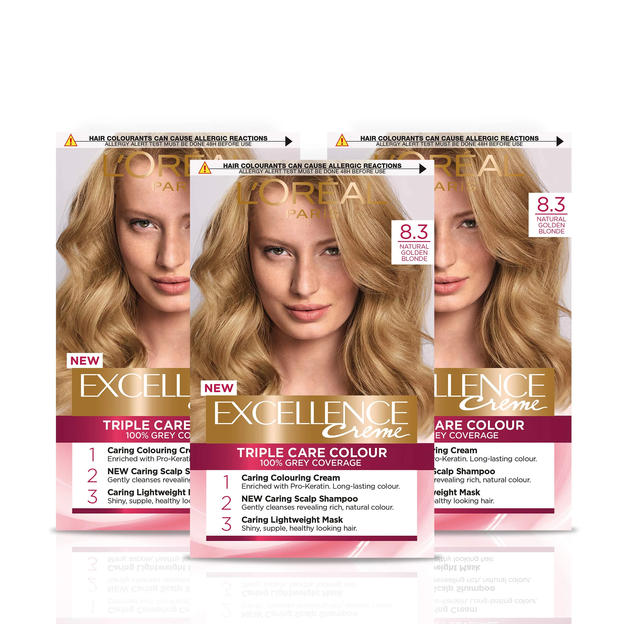 L'Oréal Paris Excellence Crème Permanent Hair Dye, Radiant At-Home Hair Colour with up to 100% Grey Coverage, Pro-Keratin, Up to 8 Weeks of Colour, Pack of 3, Colour: 8.3 Natural Golden Blonde