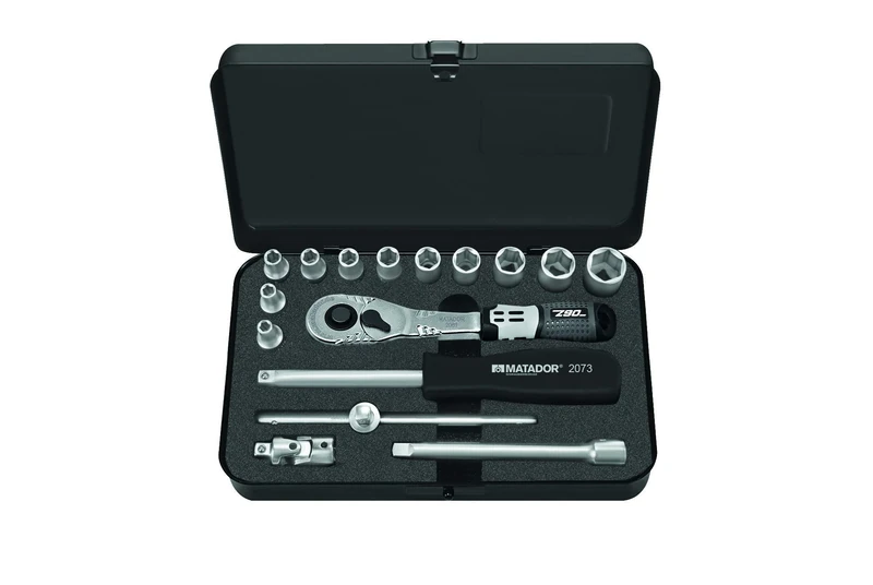 Matador Socket Spanner Set 1/4 Inch | Ratchet Box 16 Pieces | Metal Ratchet Box | Nut Box with Ratchet | Includes Z90 Reversible Ratchet | Matador Tool No. 21159160