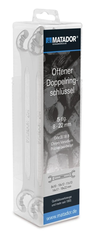 Matador 0251 9050 Open Double Ring Spanner Set, 5-Piece 8 x 10-19 x 22 mm