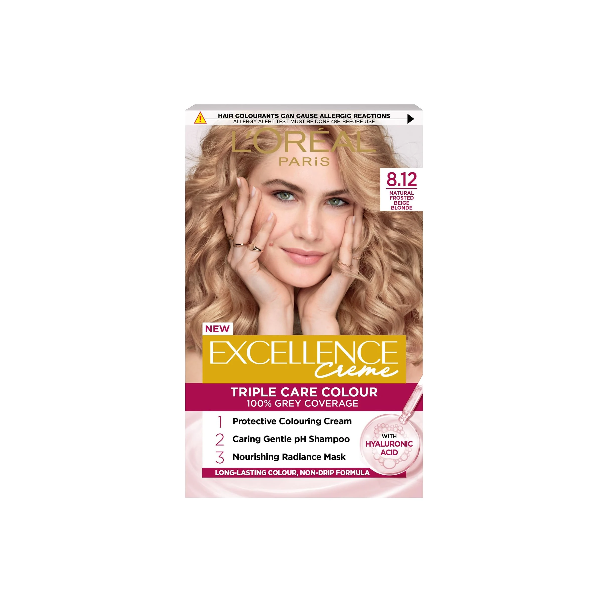 L'Oréal Excellence Créme 8.12 Natural Frosted Beige Blonde: 100% Grey Coverage, Hyaluronic Acid for 10x Nourished, 2x Shinier Hair. Achieve a cool, luminous frosted beige blonde.